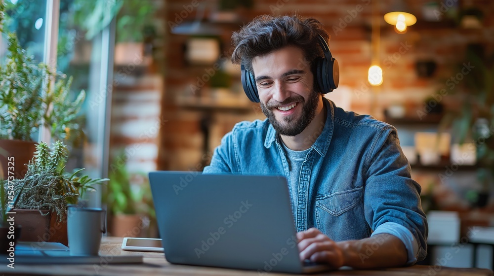 Poster smiling man engages with his laptop in a stylish workspace adorned with lush plants. ambient light c