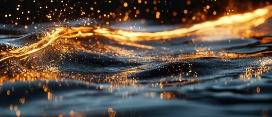 Water surface displays golden particles shimmering across waves, creating ethereal atmosphere.