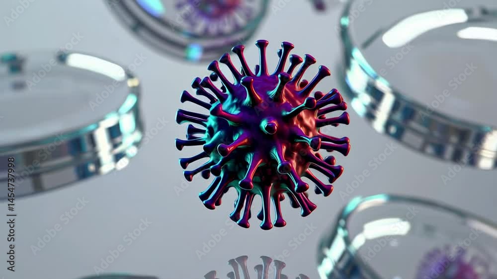 Poster microscopic view of a colorful virus rotating slowly, isolated on a white background with blurred pe
