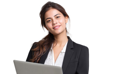 Confident Businesswoman with Laptop: A young, successful businesswoman smiles confidently while holding a laptop, exuding professionalism and competence.