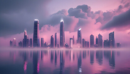 Obraz premium Panoramic futuristic city with tall glowing buildings in pink tone reflected on still water under cloudy sky with dense fog capturing dreamy surreal mood of future urban landscape