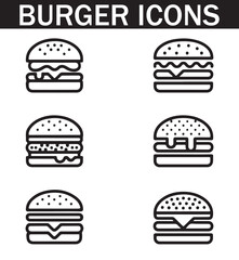 Silhouette of various burger icons featuring different styles, perfect for fast food, restaurant, and food-related designs.
