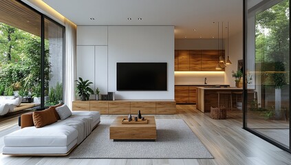 Modern minimalist living room design with large windows.