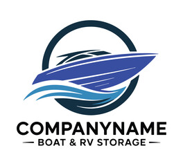 Boat and RV Storage Company Logo Design with Speedboat Icon