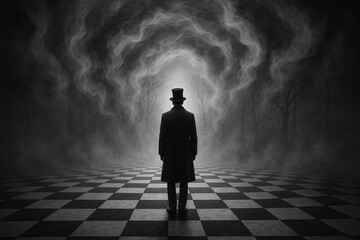 Obraz premium Silhouette of person in top hat on checkerboard floor with mist