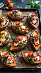 Baked sweet potatoes topped with creamy ricotta, cherry tomatoes and basil
