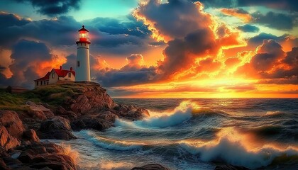 Fototapeta premium A white lighthouse on a rocky cape with a red-roofed house, waves, and sunset.