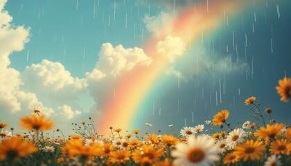 Colorful rainbow over blooming flowers in bright sunlight with rain concept
