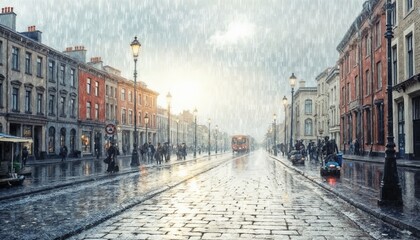 Rainy city street with people walking under umbrellas and wet pavement concept