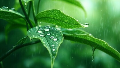 Close-up of green leaves with raindrops in forest during rainfall concept