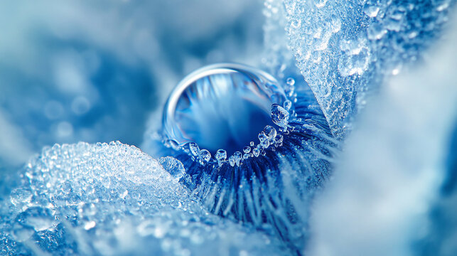 A crystalline blue iris reflecting soft ambient light emphasizing its icy patterns.