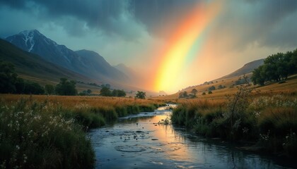 Majestic rainbow over tranquil river and golden fields with mountains in the background concept