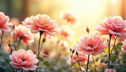 Delicate pink roses blooming in garden with warm sunlight and soft bokeh concept