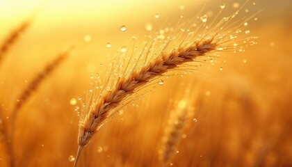 Close-up of golden wheat ear with dew drops sparkling in sunlight concept