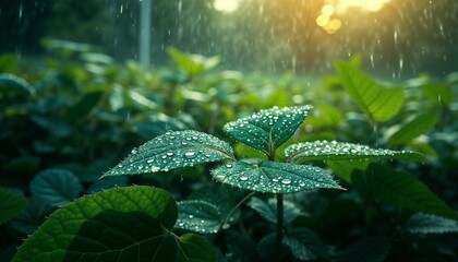 Close-up of green leaves with raindrops glistening in sunlight during rainfall concept