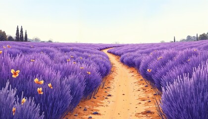Vibrant lavender field with winding path and colorful flowers under clear sky concept