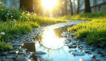 Glistening sunlight reflected in water puddle on cobblestone path surrounded by grass concept