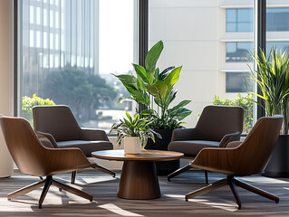 Modern Office Lounge  Comfortable Chairs  Plants  City View