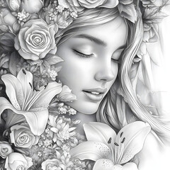 Mystical forest goddess with floral crown, birds, butterflies, and serenity