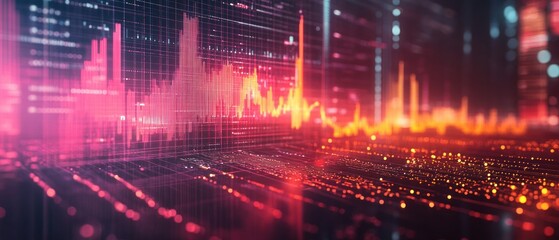 Data visualization displays dynamic, glowing waveforms across geometric grid, illuminating complex digital landscape.