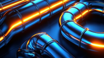 Metallic, glowing piping system with intricate connections