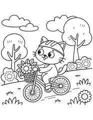 Cute cartoon cat, riding bicycle, coloring book style, black and white line art