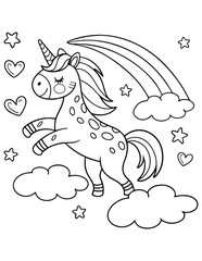 Cute unicorn illustration, coloring book style, black and white line art