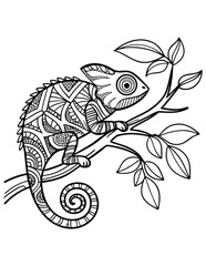 Intricate chameleon illustration, coloring book style, black and white line art © kamruzzaman
