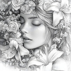 Mystical forest goddess with floral crown, birds, butterflies, and serenity