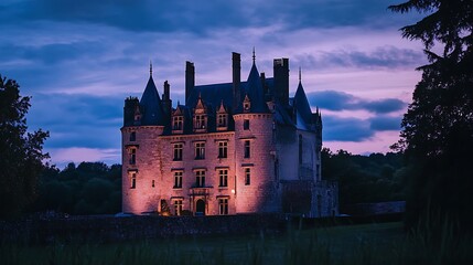 Fototapeta premium Majestic medieval tower with fiery sunset sky behind