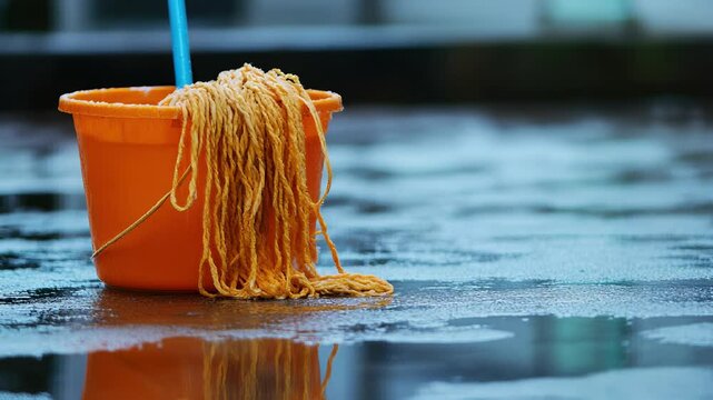 Mopping a wet floor in an indoor area with an orange bucket and mop during daytime cleaning