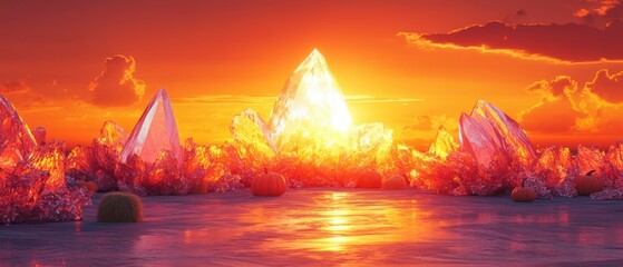 Crystals reflect intense orange light from sunset, with pumpkins near water's edge, creating surreal autumn scenery.