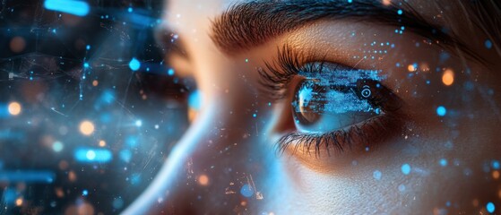 Woman's eye reflects holographic data streams, conveying technological advancement.