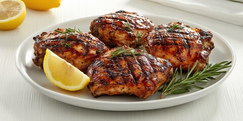 Grilled chicken thighs with rosemary and lemon served on white plate