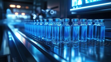 Transparent small bottles with blue liquid on a conveyor belt in a high-tech factory with blue and purple lighting.