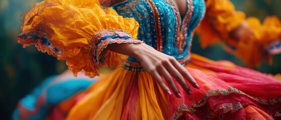 Fototapeta premium Dancer gracefully moves in folklore dance, wearing colorful dress with ruffled sleeves expressing joyful spirit.