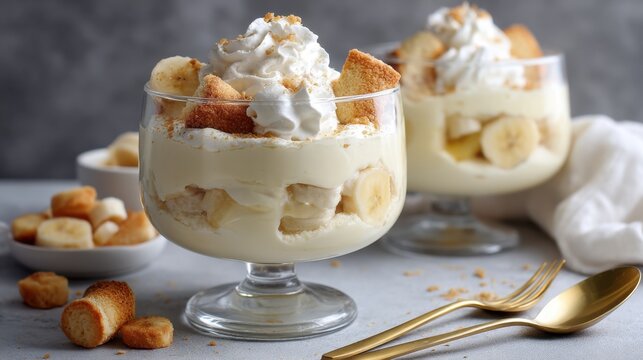 National Banana Split Day. Delicious banana pudding parfaits with whipped cream and toasted bread crumbs