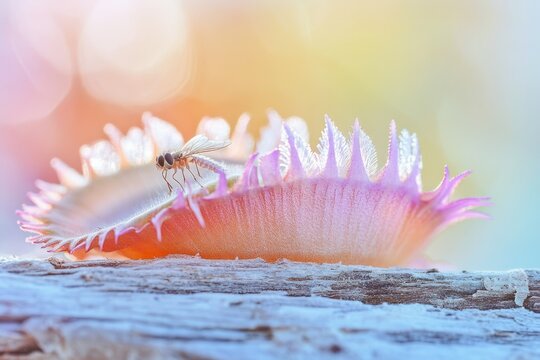 A delicate insect rests on a vibrant, pastel-colored flower, creating a serene, dreamy scene.