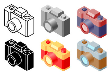 Isometric photo camera illustrations set with colorful, black and white and outline versions.