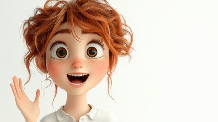 Fototapeta premium A cute and quirky 3D cartoon girl with an enormous head, wide eyes, and a joyful yet surprised expression, gesturing left, white background with room for messaging