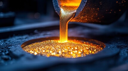 Molten metal pouring into mold, creating golden droplets