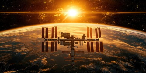 Sunrise view of the international space station orbiting earth.