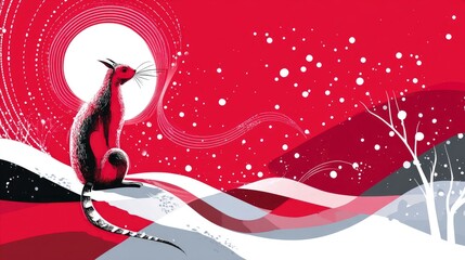 Red and white illustration of a feline figure in a wintry scene.