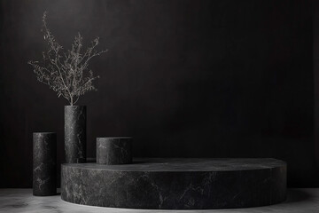 Elegant Dark Marble Product Display Platform with Dried Flowers