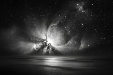 Naklejka premium A breathtaking monochrome landscape where a celestial nebula meets a tranquil ocean under a starlit sky.
