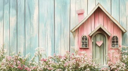 Charming miniature house against a weathered wooden wall.