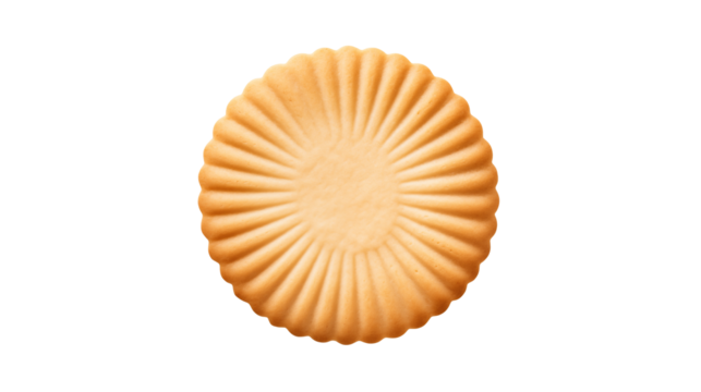 A single round cookie with a ribbed edge and a smooth center on a black background isolated on transparent background