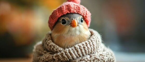 Fototapeta premium Baby bird wearing knitted hat and scarf exudes warm, cozy cuteness.