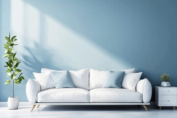 Serene Living Room Interior Design White Sofa, Blue Walls, Natural Light