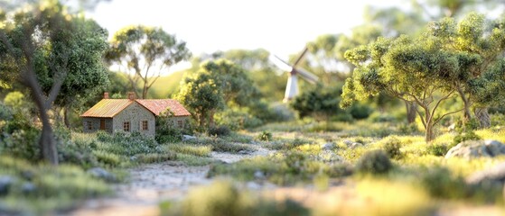 Miniature idyllic countryside scene with a windmill.